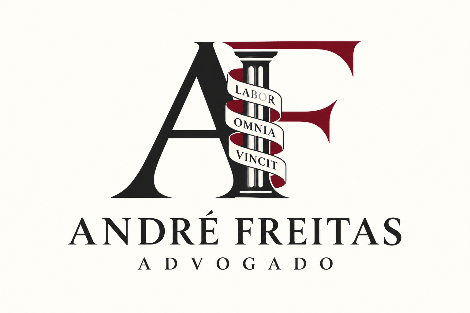 Logótipo André Freitas, Advogado: monograma AF com coluna e lema Labor Omnia Vincit
